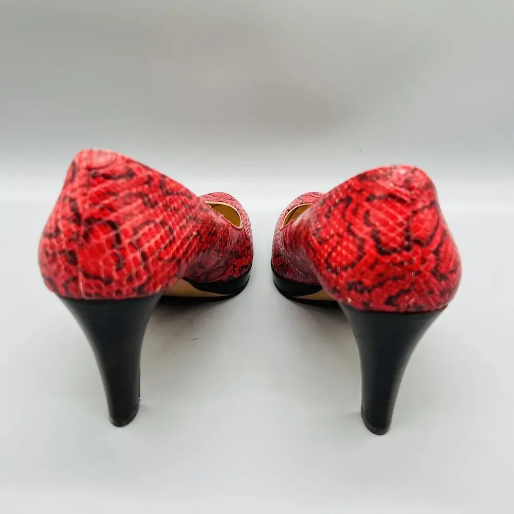 Cole Haan Shoes Women 9 Red Leather Snake Print Cone Heel Pump Round Toe Slip On